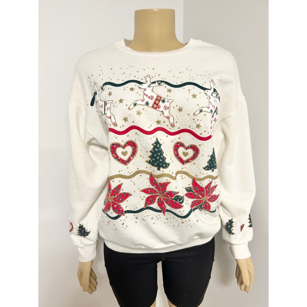 Vintage 90s NutCracker Christmas Sweatshirt White Reindeer Poinsettia Glitter M